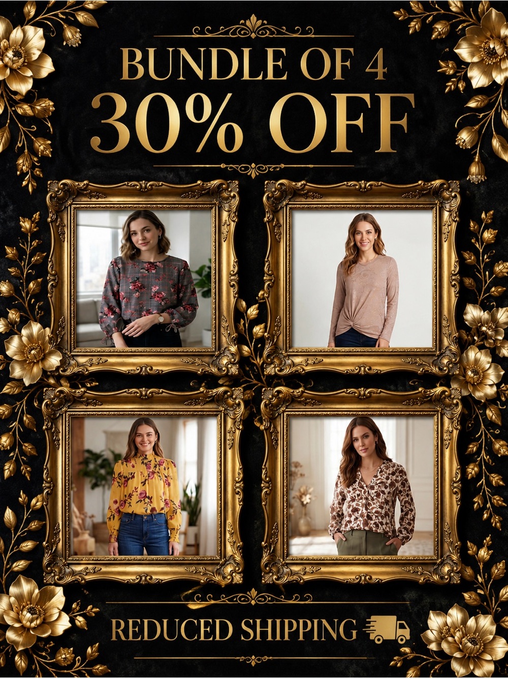 Bundle of 4, 30% OFF + Reduced Shipping! - Women's Floral Tops, Medium